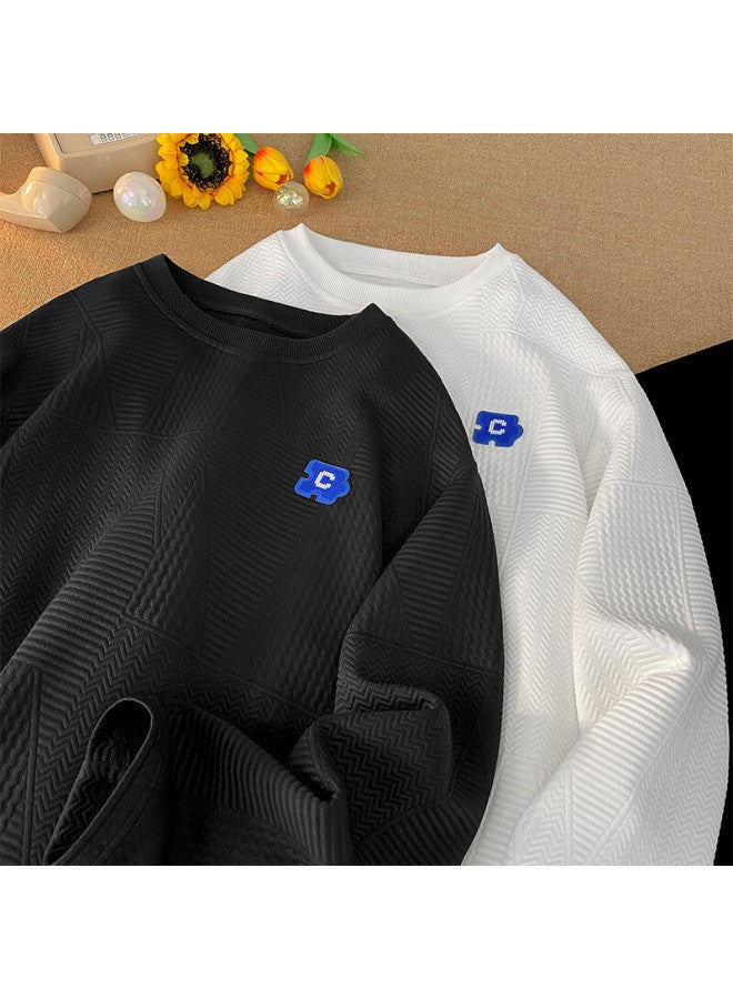 Dingfengbaoluo Port Style Long Sleeve T-shirt Men Autumn Lazy Letter Embroidery Crew Neck Loose Casual Top 02jr Black 5XL - Image 2