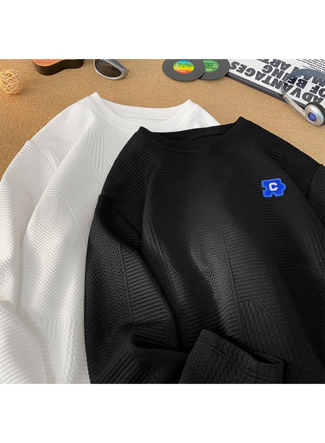 Dingfengbaoluo Port Style Long Sleeve T-shirt Men Autumn Lazy Letter Embroidery Crew Neck Loose Casual Top 02jr Black 5XL - Image 3