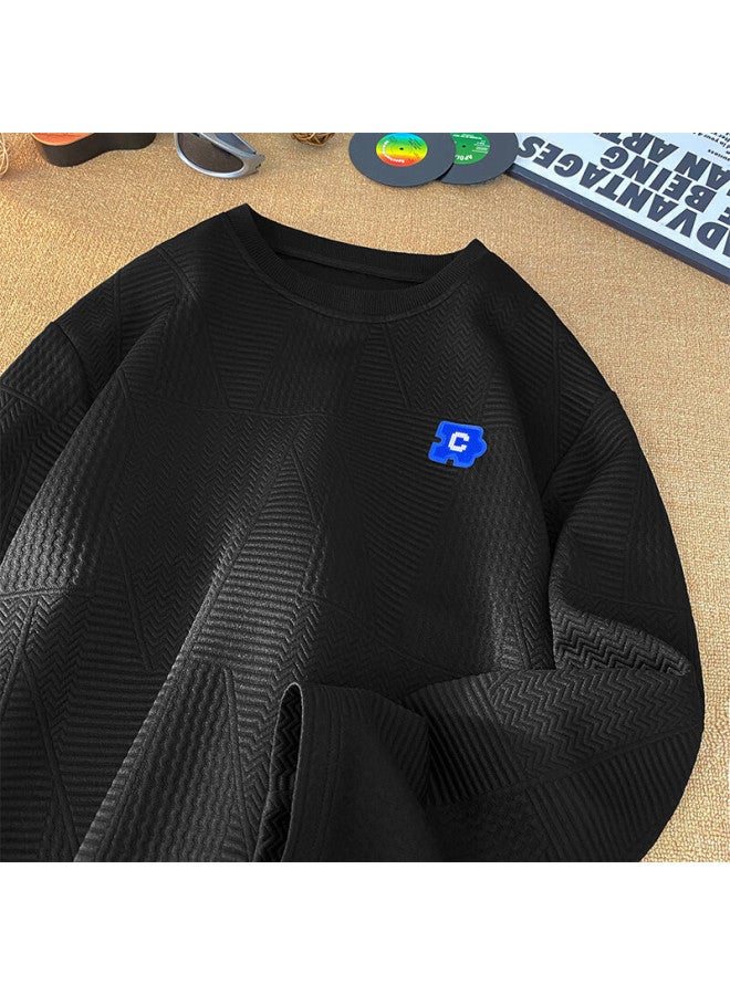 Dingfengbaoluo Port Style Long Sleeve T-shirt Men Autumn Lazy Letter Embroidery Crew Neck Loose Casual Top 02jr Black 5XL - Image 1