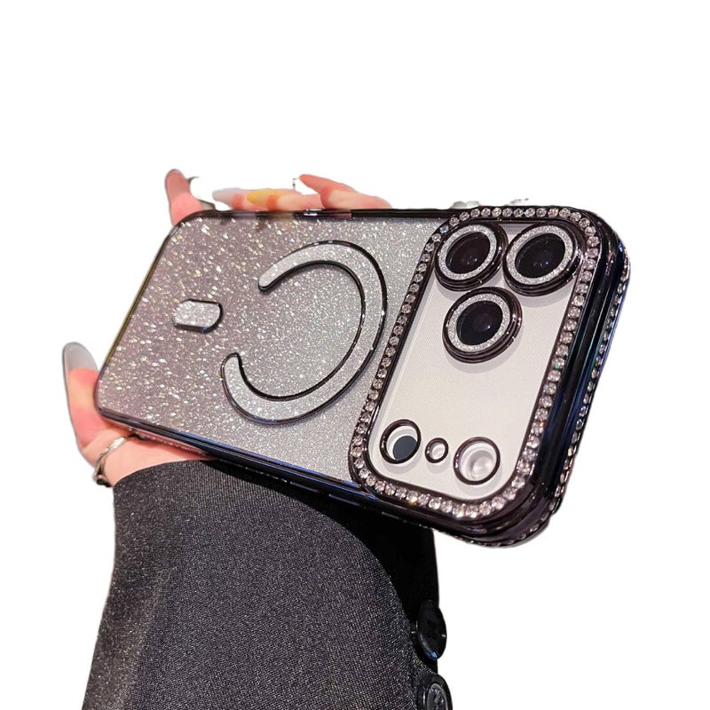 MagSafe iPhone 16 Plus Shockproof Silicone for iPhone 16 16 Plus 16 Pro 16 Pro Max with Gradient Glitter and Lens Protector in Black - Image 1