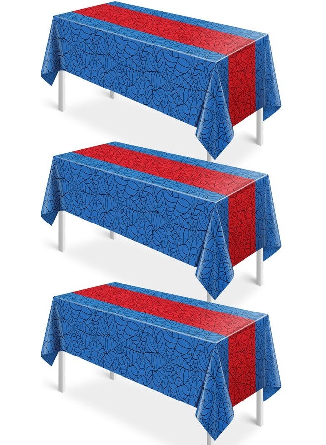 KEASKELL 3Pcs Spider Web Themed Birthday Party Tablecloth Decorations,Blue Hero Plastic Table Cover with Red Runner Disposable Rectangle Table Cloth for Baby Shower Kids Boy Birthday Party Supplies,54x108 Inch - Image 1