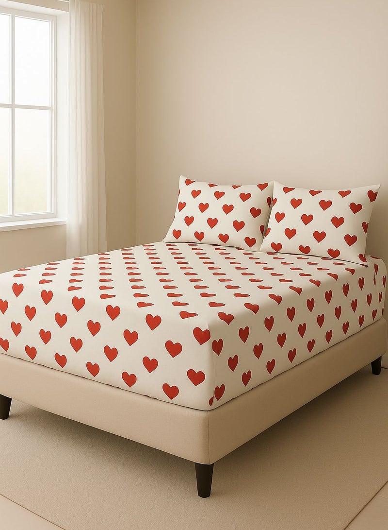 Yarlin-Bed Set (Fitted Bedsheet for 200 cm beds and 2 Small Pillowcases (Red Heart) Design