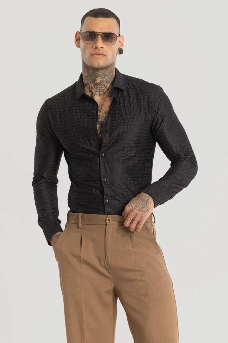 SNITCH Black Embroidered Long Sleeve Slim Fit Shirt