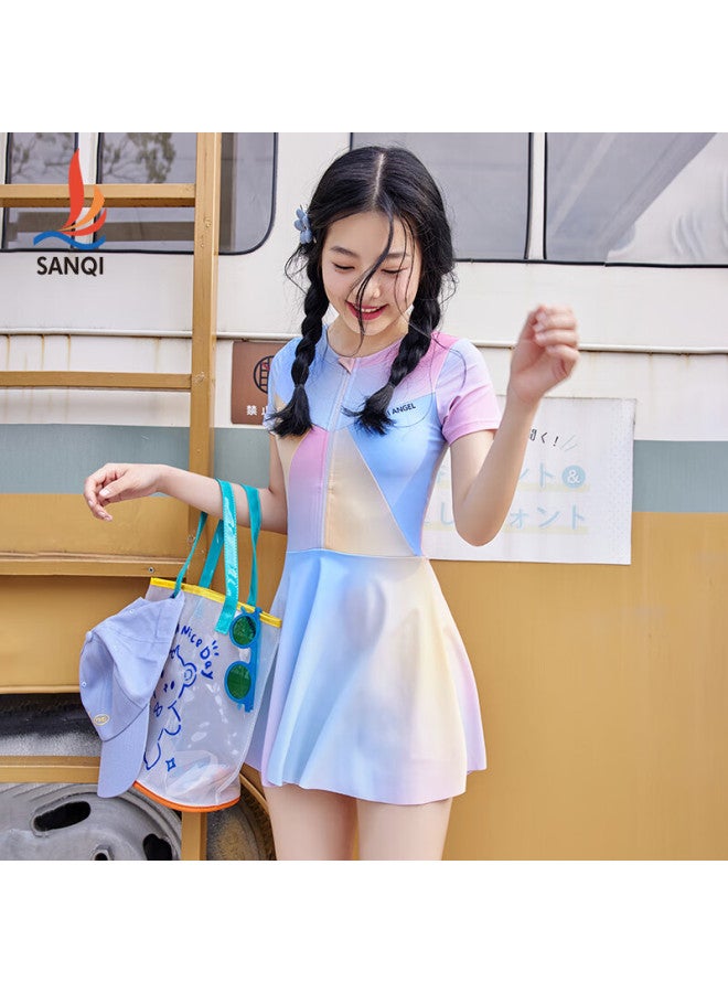 Sanqi One-piece Swimsuit Dress For Women, Cute And Conservative New Style Swimwear For Middle School Girls, Suitable For Hot Springs, Light Blue, Size L - Image 3