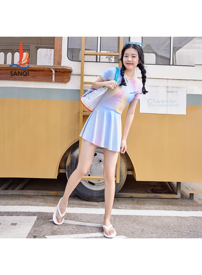 Sanqi One-piece Swimsuit Dress For Women, Cute And Conservative New Style Swimwear For Middle School Girls, Suitable For Hot Springs, Light Blue, Size L - Image 4