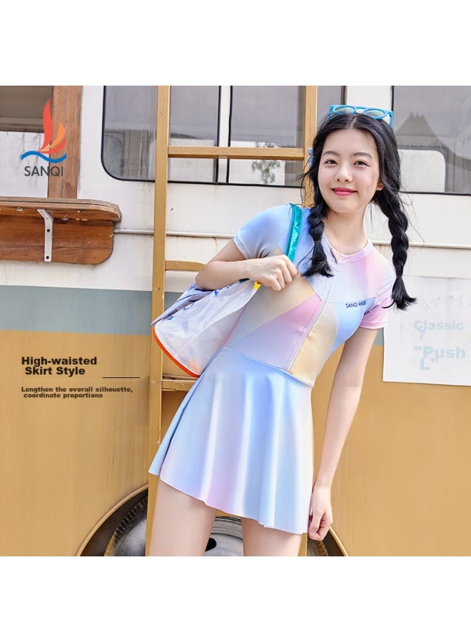 Sanqi One-piece Swimsuit Dress For Women, Cute And Conservative New Style Swimwear For Middle School Girls, Suitable For Hot Springs, Light Blue, Size L - Image 2