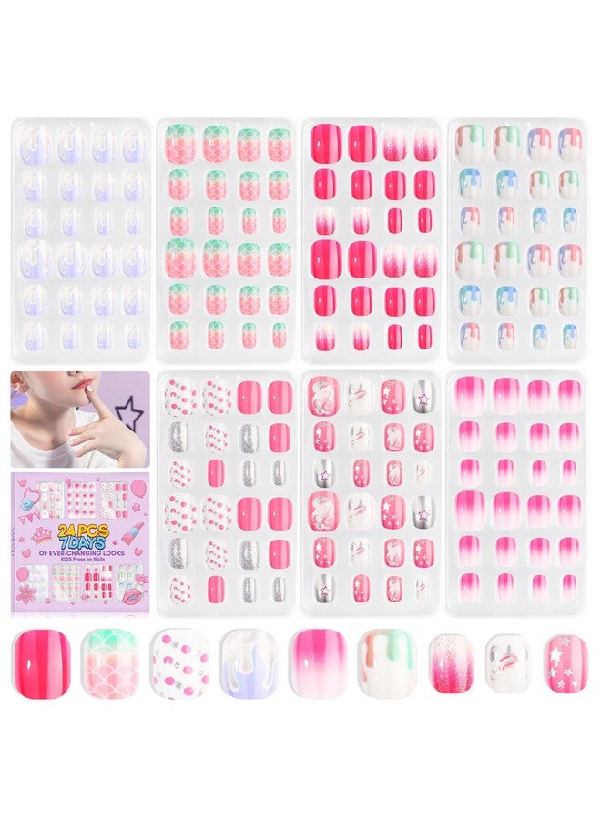 Saviland 168Pcs 7 Pack Press On Nails For Kids Children Fake Nails Stick On Nails Preglue Full Cover Glitter Gradient Color Star Short Acrylic Nail Tips Nail Art Gifts For 812 Year Old Kids Girls - Image 1