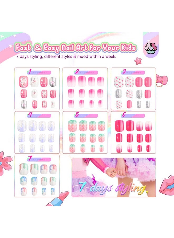 Saviland 168Pcs 7 Pack Press On Nails For Kids Children Fake Nails Stick On Nails Preglue Full Cover Glitter Gradient Color Star Short Acrylic Nail Tips Nail Art Gifts For 812 Year Old Kids Girls - Image 2