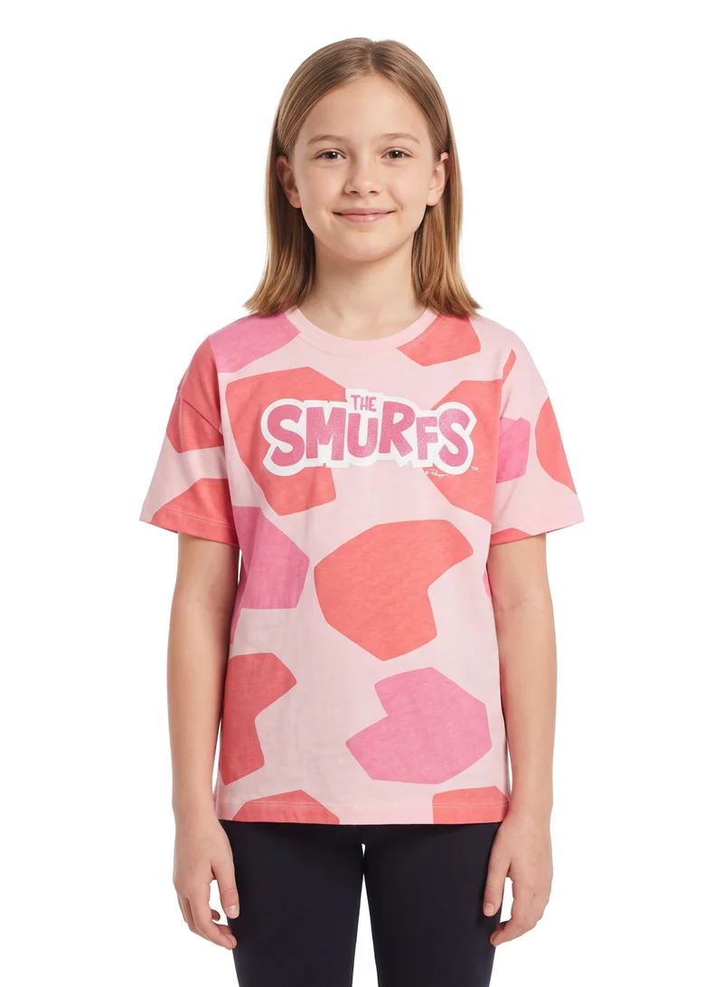 Trucare The Smurfs All-Over Print Graphic T-Shirt for Girls | Logo Print Casual Crew Neck Tee