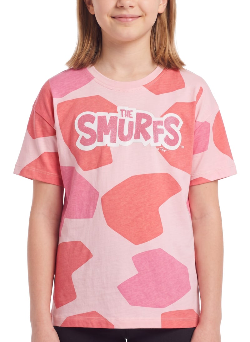 Trucare The Smurfs All-Over Print Graphic T-Shirt for Girls | Logo Print Casual Crew Neck Tee - Image 4