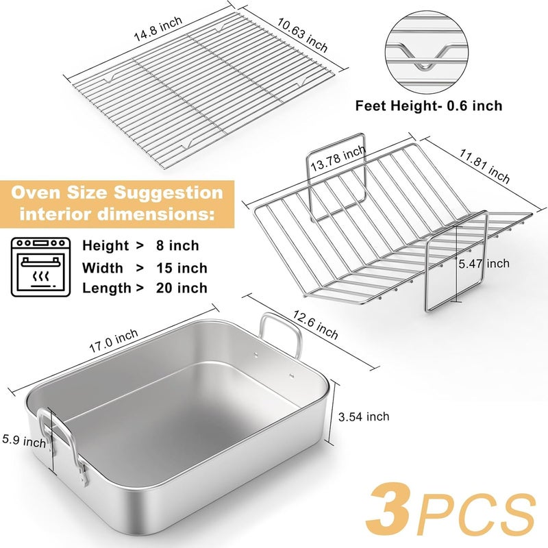 EWFEN Roasting Pan EWFEN 1713 Inch Stainless Steel Turkey Roaster with Rack  Deep Broiling Pan  Vshaped Rack  Flat Rack Nontoxic  Heavy Duty Great for Thanksgiving Christmas Roast Chicken Lasagna - Image 3