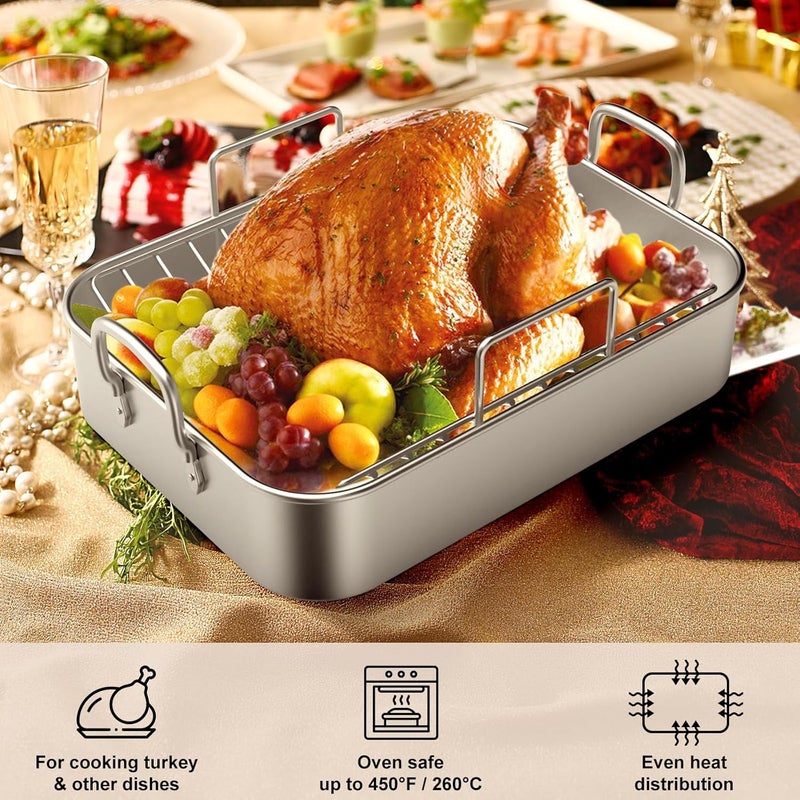 EWFEN Roasting Pan EWFEN 1713 Inch Stainless Steel Turkey Roaster with Rack  Deep Broiling Pan  Vshaped Rack  Flat Rack Nontoxic  Heavy Duty Great for Thanksgiving Christmas Roast Chicken Lasagna - Image 2