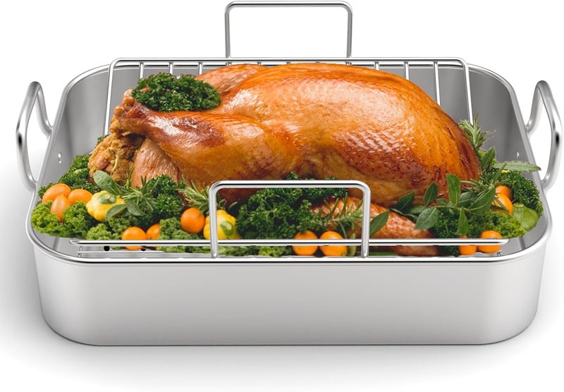 EWFEN Roasting Pan EWFEN 1713 Inch Stainless Steel Turkey Roaster with Rack  Deep Broiling Pan  Vshaped Rack  Flat Rack Nontoxic  Heavy Duty Great for Thanksgiving Christmas Roast Chicken Lasagna - Image 1