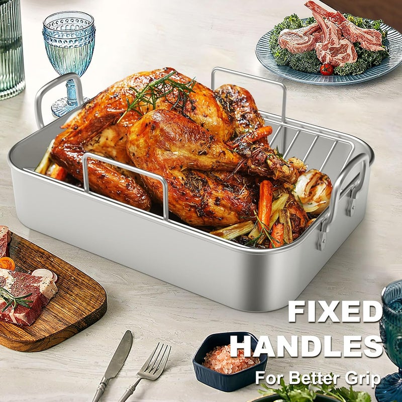 EWFEN Roasting Pan EWFEN 1713 Inch Stainless Steel Turkey Roaster with Rack  Deep Broiling Pan  Vshaped Rack  Flat Rack Nontoxic  Heavy Duty Great for Thanksgiving Christmas Roast Chicken Lasagna - Image 4