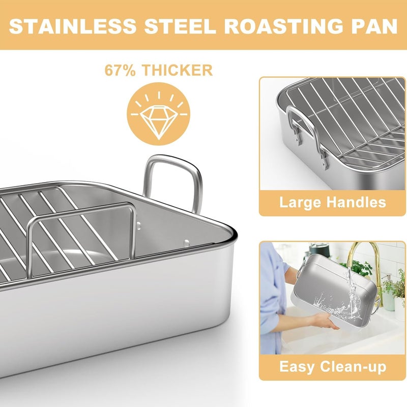 EWFEN Roasting Pan EWFEN 1713 Inch Stainless Steel Turkey Roaster with Rack  Deep Broiling Pan  Vshaped Rack  Flat Rack Nontoxic  Heavy Duty Great for Thanksgiving Christmas Roast Chicken Lasagna - Image 5