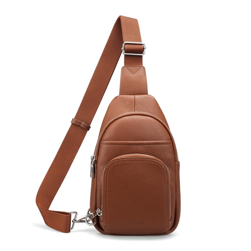 befen Real Leather Small Sling Bags for Women, Womens Anti-Theft Crossbody Bag Purses Chest Bags Purse with Built in RFID Wallet for Travel Cognac Brown - Image 1