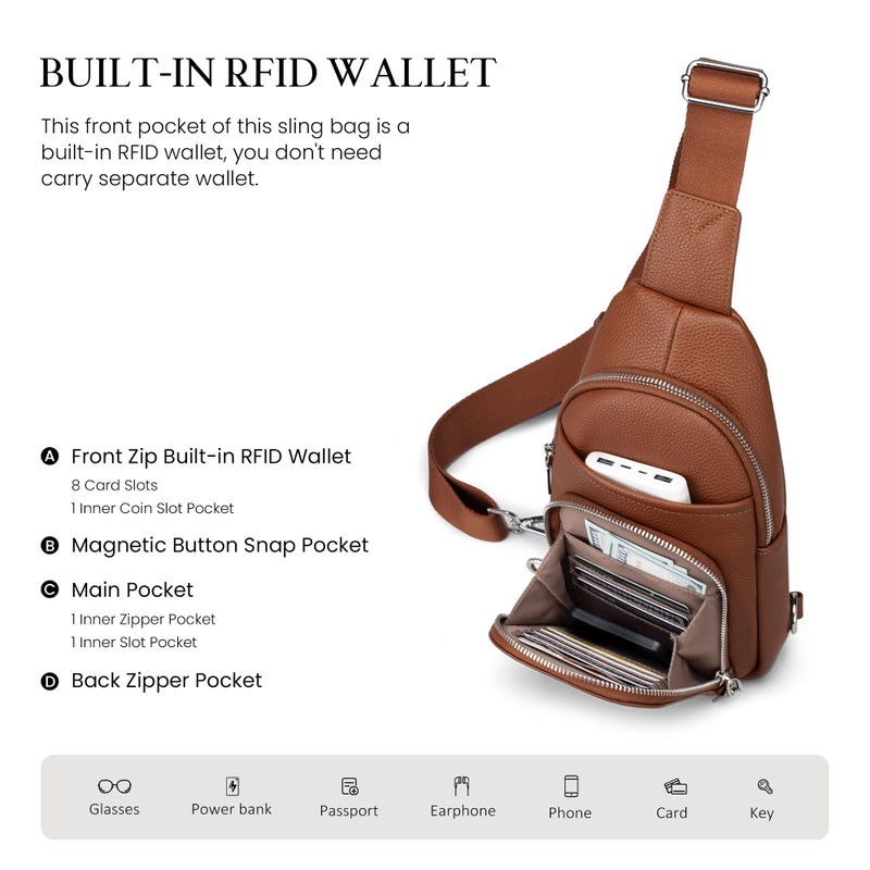 befen Real Leather Small Sling Bags for Women, Womens Anti-Theft Crossbody Bag Purses Chest Bags Purse with Built in RFID Wallet for Travel Cognac Brown - Image 3