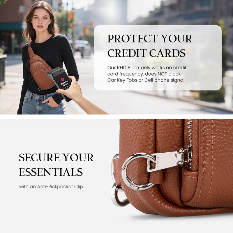befen Real Leather Small Sling Bags for Women, Womens Anti-Theft Crossbody Bag Purses Chest Bags Purse with Built in RFID Wallet for Travel Cognac Brown - Image 4