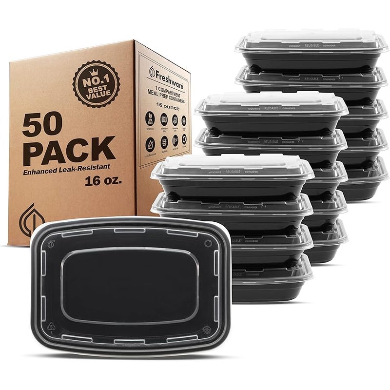 Freshware Meal Prep Containers 【50 Pack】 1 Compartment Food Storage Containers with Lids, Bento Box, BPA Free, Stackable, Microwave/Dishwasher/Freezer Safe (16 oz) - Image 1