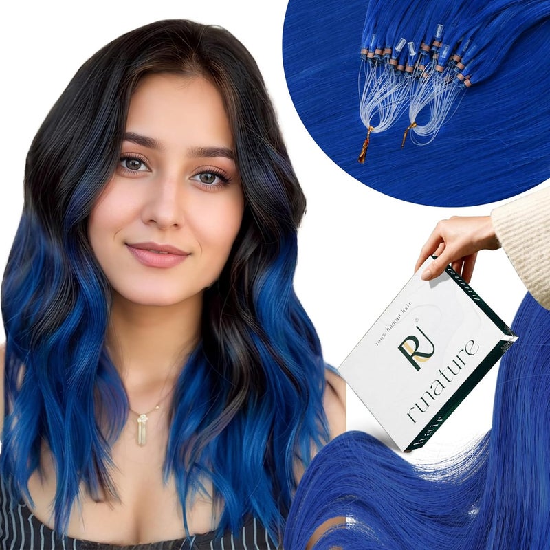 RUNATURE Micro Link Hair Extensions Real Human Hair Blue Micro Bead Hair Extensions 14 Inch 25g 25s Microlink Hair Extensions Blue Micro Loop Human Hair Extensions Remy Hair Colored Hair Extensions