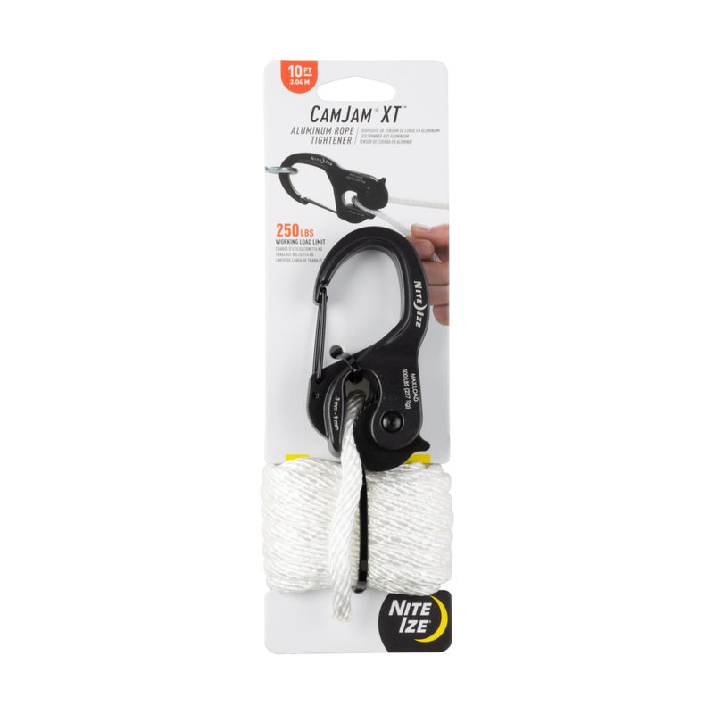 Nite Ize CamJam XT Aluminum Rope Tightener - Versatile Tie Down Cam Mechanism with Carabiner Clip - Secure Hiking Gear Essential - Rope Tie Down Accessory - Black/White - Image 1