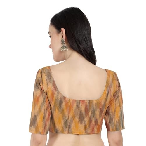 JISB Women's Multi Color Ikkat Cotton Elbow Length Sleeves Saree Blouse (Mustard Multi, 36) - Image 3