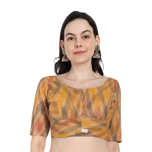 JISB Women's Multi Color Ikkat Cotton Elbow Length Sleeves Saree Blouse (Mustard Multi, 36) - Image 1