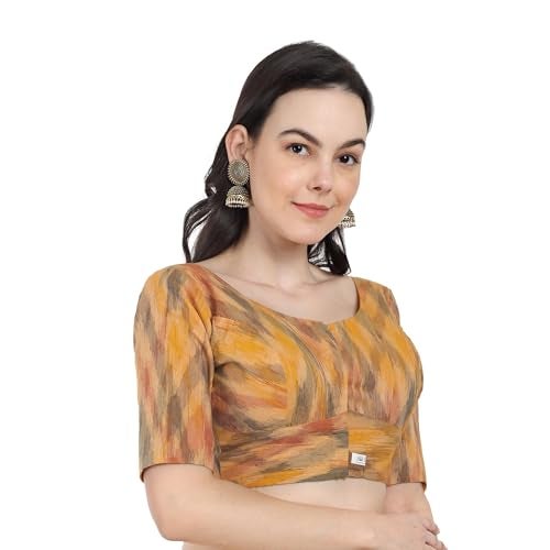 JISB Women's Multi Color Ikkat Cotton Elbow Length Sleeves Saree Blouse (Mustard Multi, 36) - Image 2