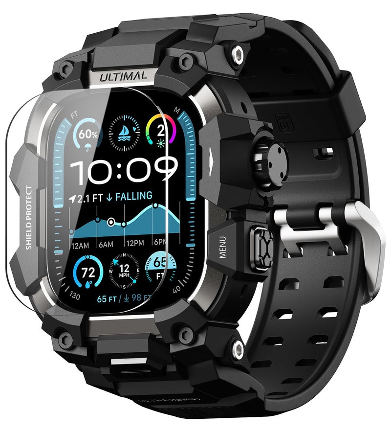 ULTIMAL Rugged Case with Band for Apple Watch 49mm,Compatible with Apple Watch Ultra 3/2/1, Military Grade Shockproof Bumper Cover for iWatch Tactical Band Men (Black, 49mm) - Image 1