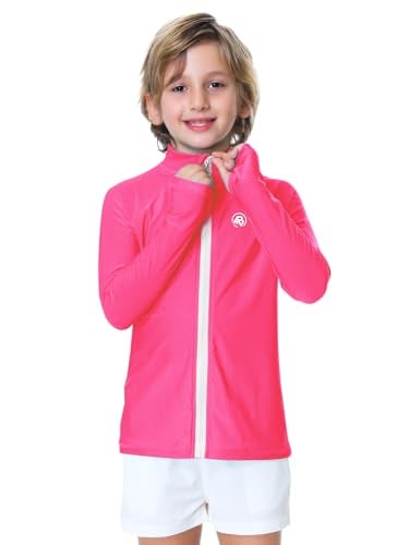 AOBUTE Uv Shirt for Kid Boy Zip Rash Guard Long Sleeve UPF 50+ Sun Protection Clothing with Thumb Holes Pink 5-6 Years - Image 5