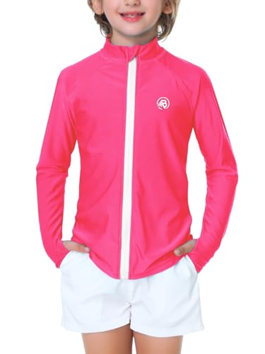 AOBUTE Uv Shirt for Kid Boy Zip Rash Guard Long Sleeve UPF 50+ Sun Protection Clothing with Thumb Holes Pink 5-6 Years - Image 1