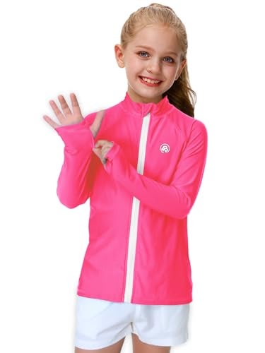AOBUTE Uv Shirt for Kid Boy Zip Rash Guard Long Sleeve UPF 50+ Sun Protection Clothing with Thumb Holes Pink 5-6 Years - Image 2