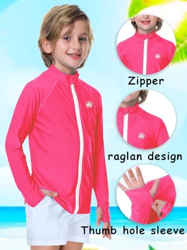 AOBUTE Uv Shirt for Kid Boy Zip Rash Guard Long Sleeve UPF 50+ Sun Protection Clothing with Thumb Holes Pink 5-6 Years - Image 3