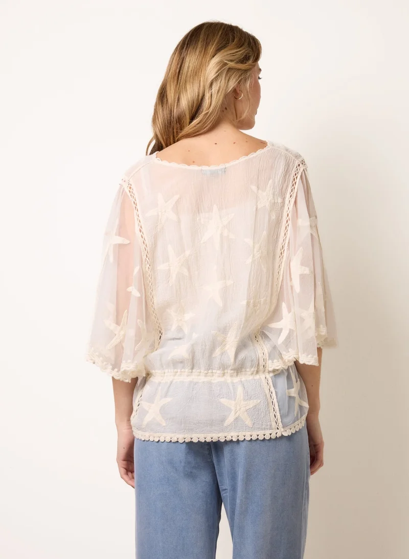بلو فانيلا Star Fish Embroidered Butterfly Sleeve Blouse