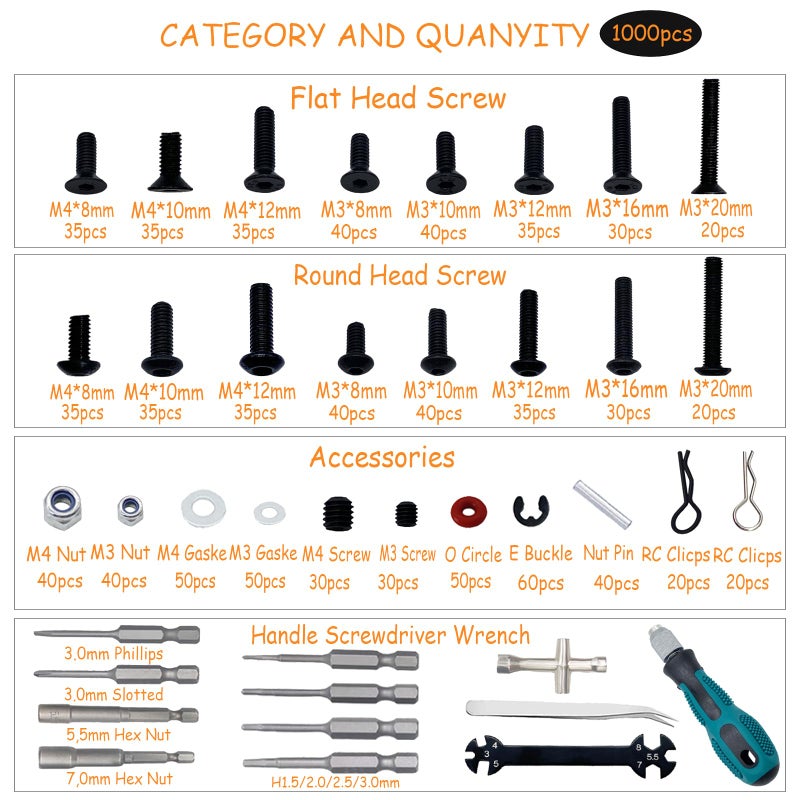 RC Lelut 1000pcs RC Screw Kit and RC Screwdrivers RC Tool Kit for Traxxas Axial Redcat Arrma HPI HSP SCX10 RC4WD Losi 18 110 112 116 Scale RC Cars Trucks Crawler Accessories Screw Kit - Image 3