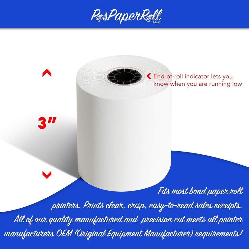 PosPaperRoll 3" x 165' CASH REGISTER ROLLS,1 PLY BOND PRINTER POS PAPER ROLL 50 ROLLS/CASE (Double Solid Core) - Image 2