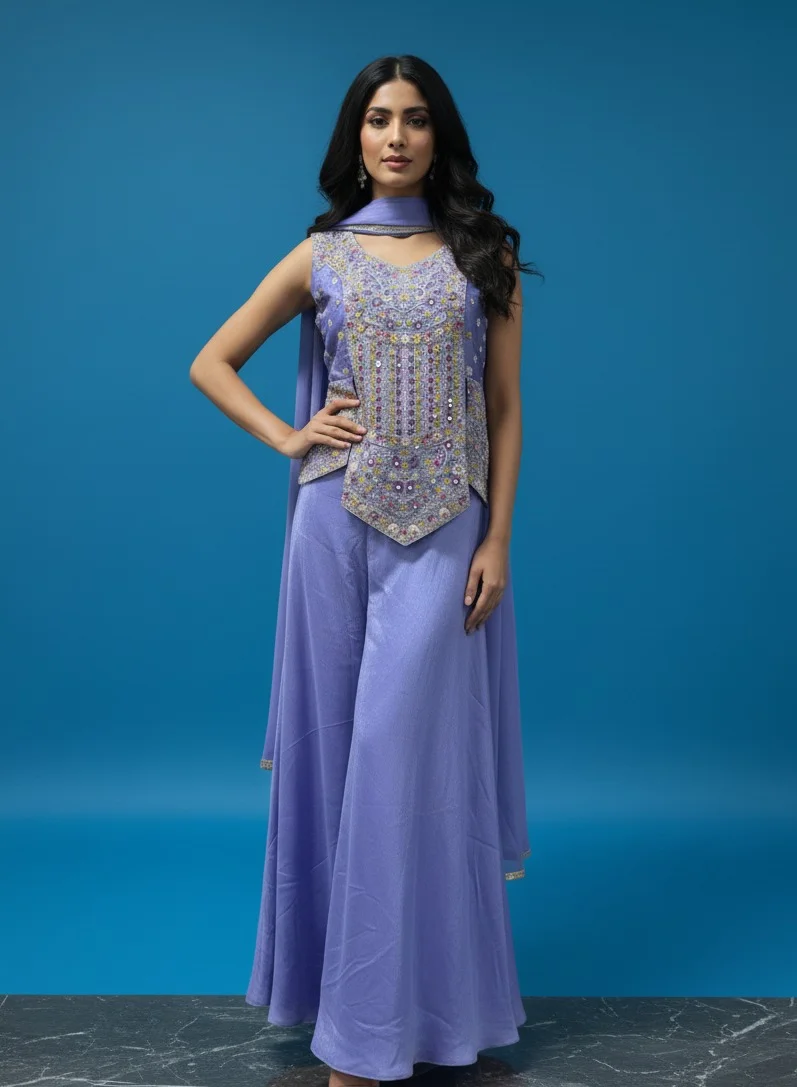 Lehar Lilac Purple Embroidered Palazzo Suit Set