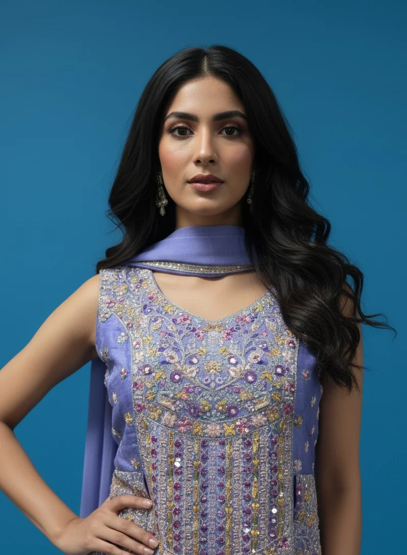Lehar Lilac Purple Embroidered Palazzo Suit Set