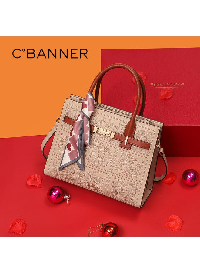 C.banner Leather Handbag For Women, Mom's Tote Bag, Chinese-style Embroidered Shoulder Bag, Birthday Gift With High-end Feel For Girlfriend Or Wife - Image 1