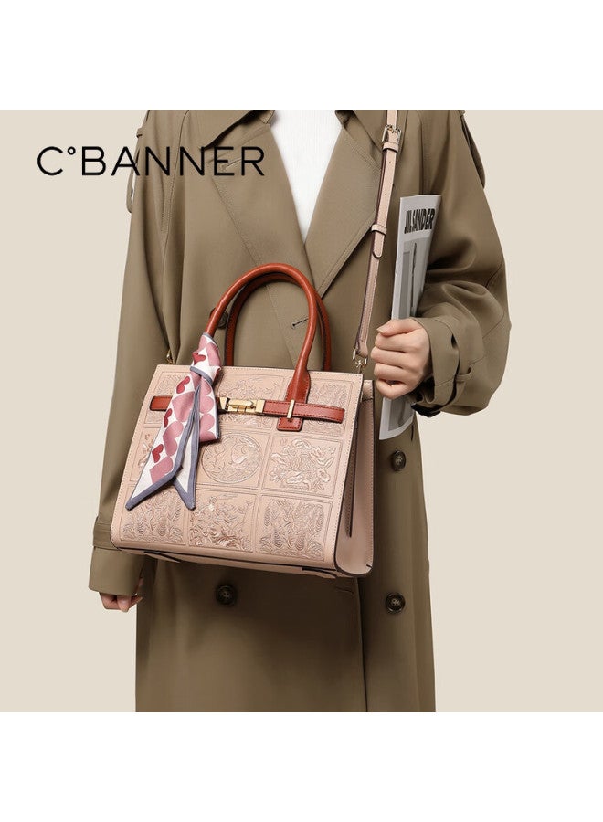 C.banner Leather Handbag For Women, Mom's Tote Bag, Chinese-style Embroidered Shoulder Bag, Birthday Gift With High-end Feel For Girlfriend Or Wife - Image 2