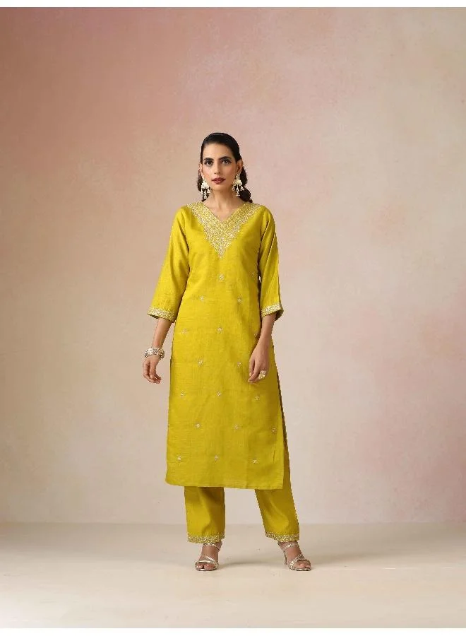 trueBrowns trueBrowns Lime All Over Embroidered Straight Kurta 3pc Set
