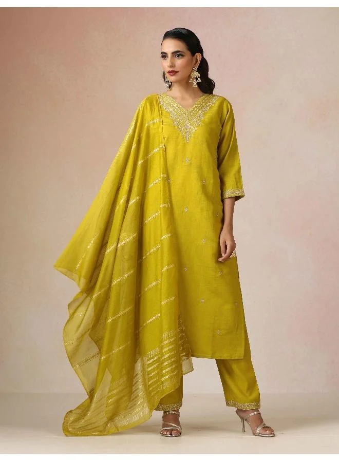 trueBrowns Lime All Over Embroidered Straight Kurta 3pc Set