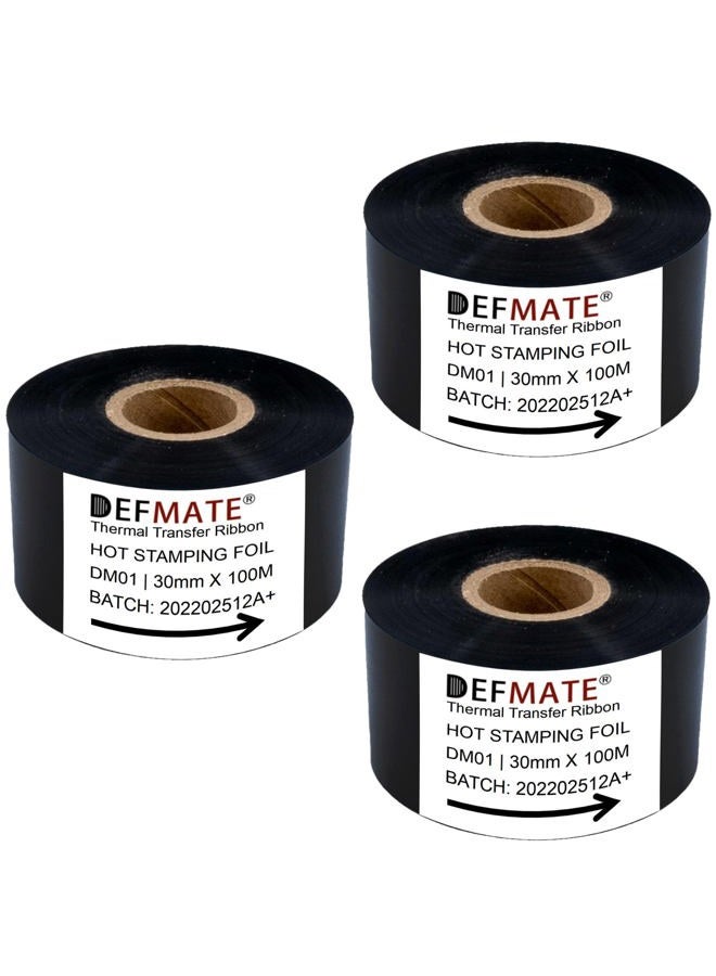 DEFMATE 3 Rolls 30mm x 100m Black Hot Stamping Foil Thermal Transfer Ribbon Resin for Coder Printer Machine, Black Color Ribbon for Coding Machine - Image 1