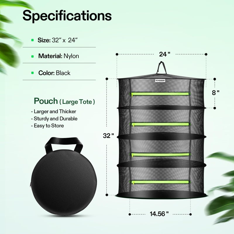 VIVOSUN 4-Layer Mesh Drying Rack Hanging Design with Green Zippers for Dehydrating, Indoor and Outdoor Pruning Shears Included - Image 2