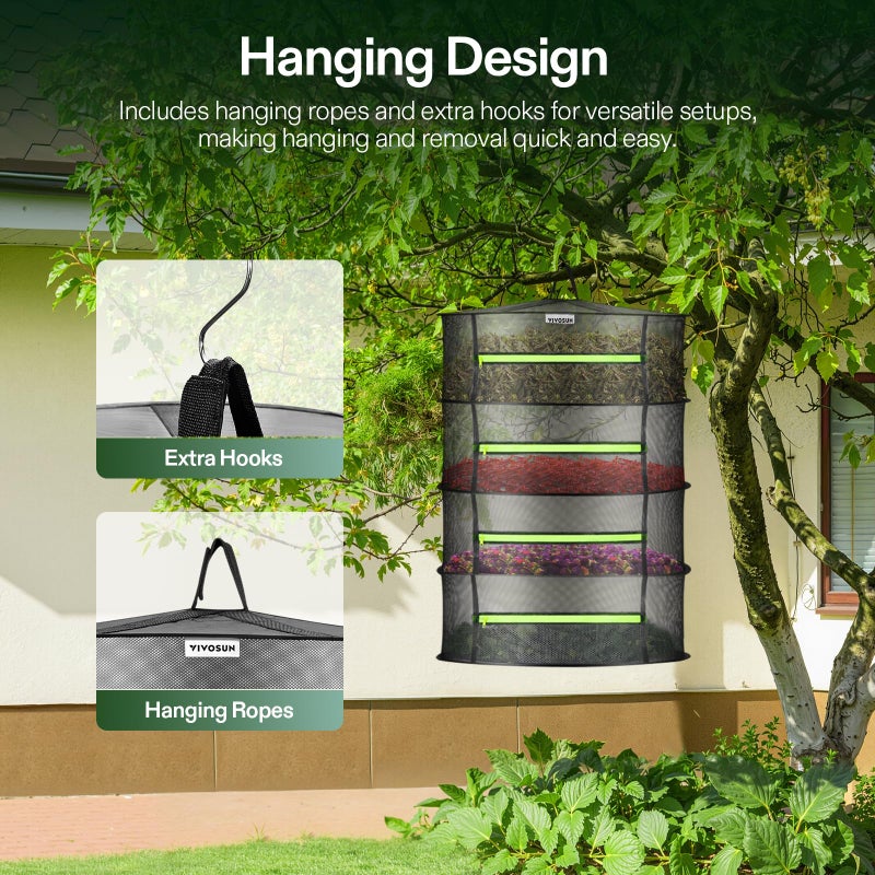VIVOSUN 4-Layer Mesh Drying Rack Hanging Design with Green Zippers for Dehydrating, Indoor and Outdoor Pruning Shears Included - Image 3