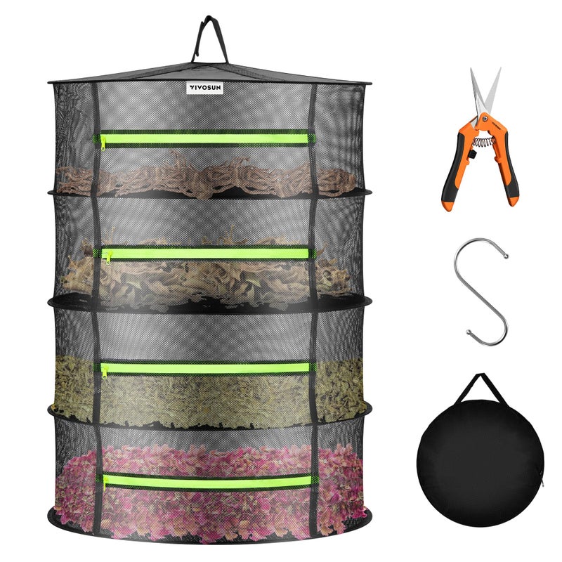 VIVOSUN 4-Layer Mesh Drying Rack Hanging Design with Green Zippers for Dehydrating, Indoor and Outdoor Pruning Shears Included - Image 1