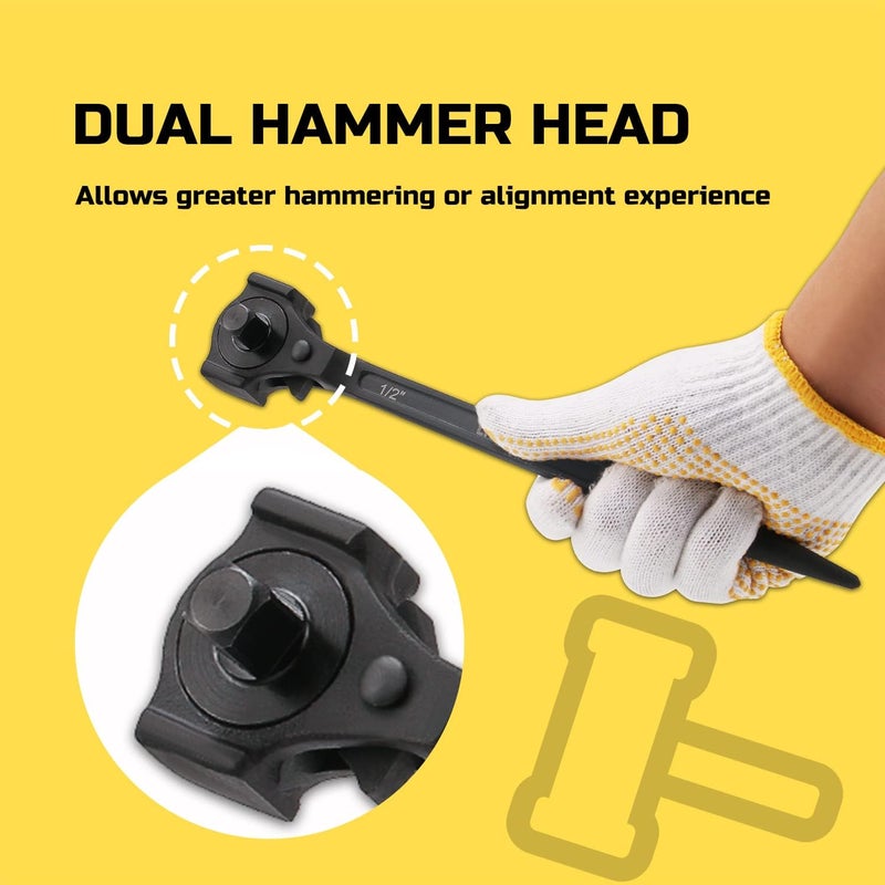 Lichamp 12.4" Spud Ratchet Wrench, 3/8" x 1/2" Dual Drive Ratcheting Hammer Head, Scaffold Steel Construction Tool, Black - Image 5