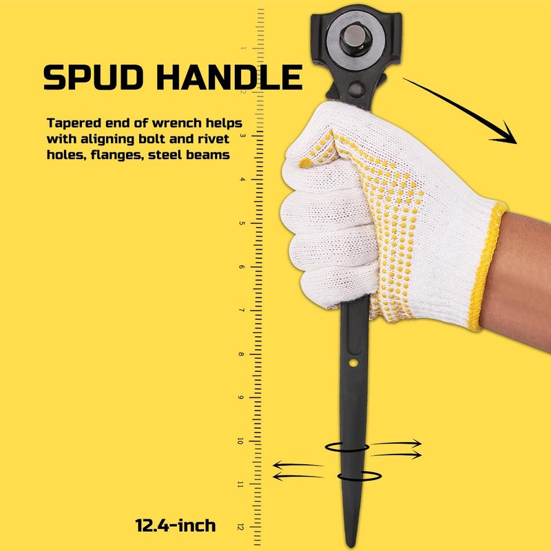 Lichamp 12.4" Spud Ratchet Wrench, 3/8" x 1/2" Dual Drive Ratcheting Hammer Head, Scaffold Steel Construction Tool, Black - Image 3