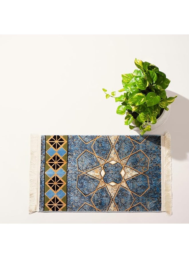 سجادتي سجادة صلاة بتصميم رخامي فاخر ناعمة وغير قابلة للانزلاق، باللونين الأزرق والذهبي بتصميم عصري كلاسيكي للمنزل أو المسجد متعدد الإستخدام مقاس 110*70 - Image 4