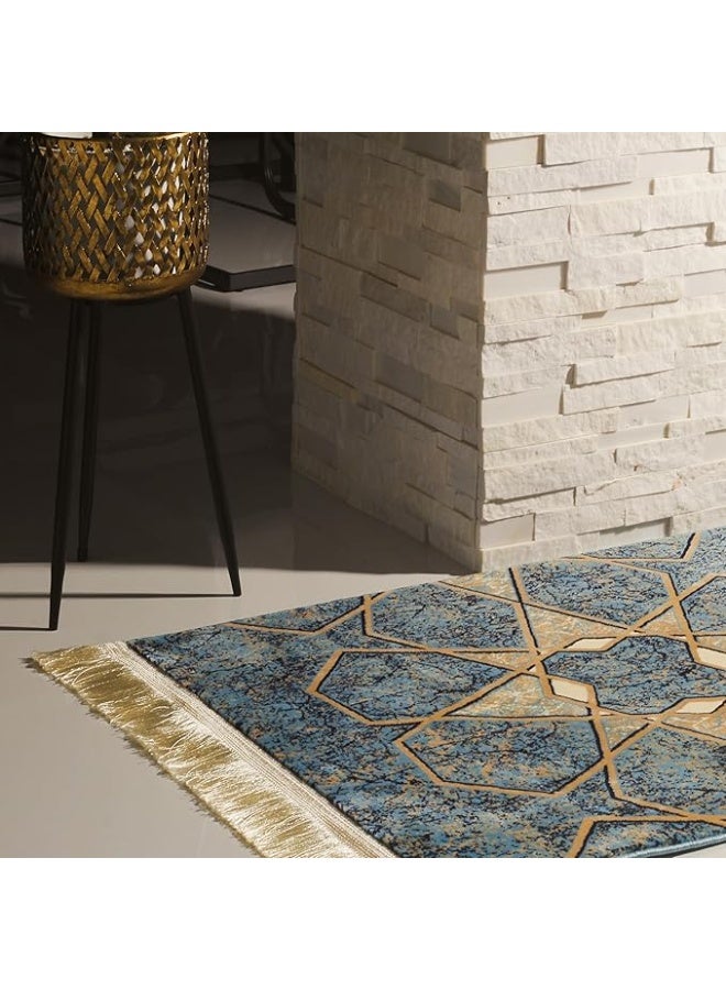 سجادتي سجادة صلاة بتصميم رخامي فاخر ناعمة وغير قابلة للانزلاق، باللونين الأزرق والذهبي بتصميم عصري كلاسيكي للمنزل أو المسجد متعدد الإستخدام مقاس 110*70 - Image 3